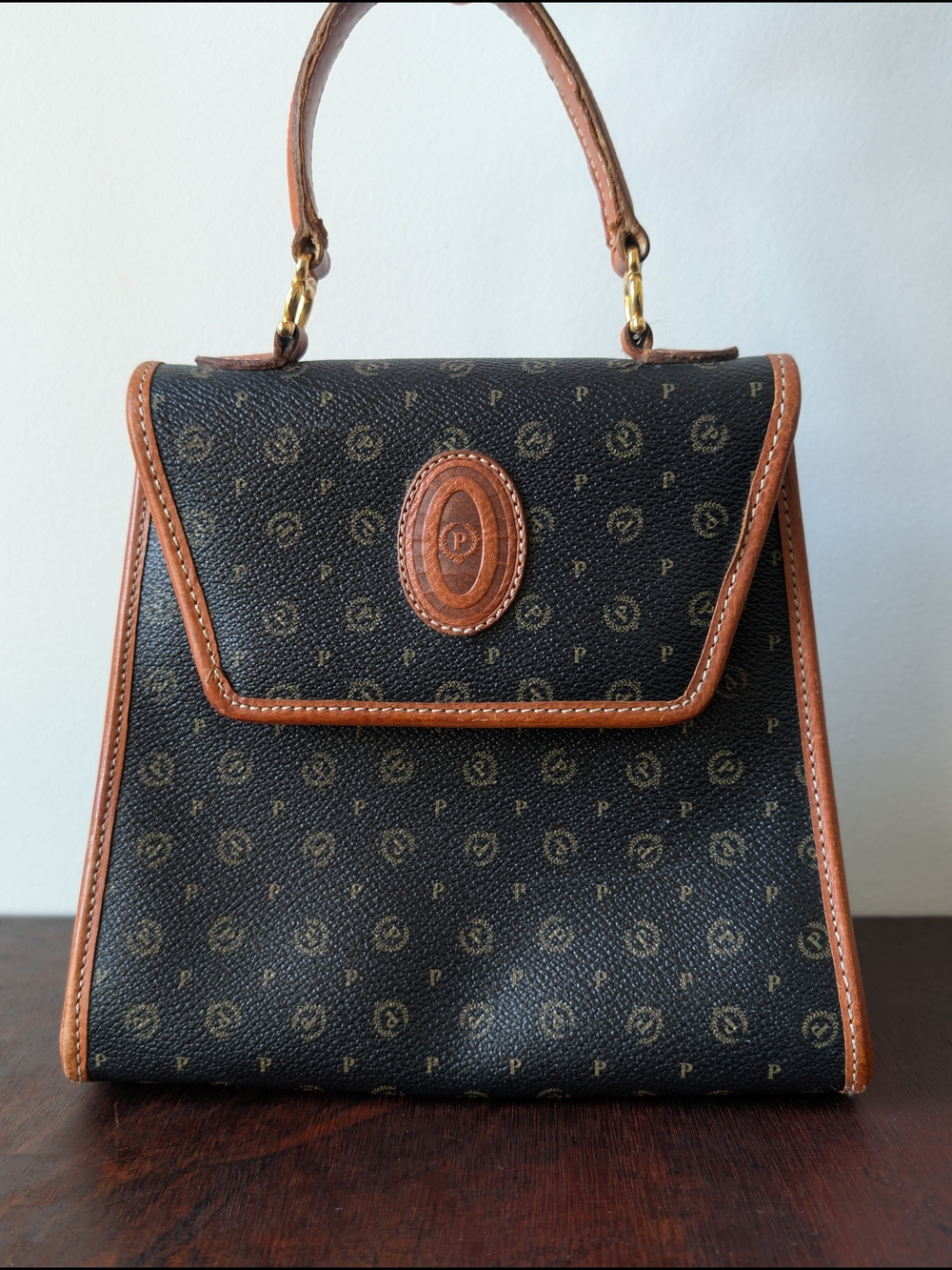 Vintage Pollini Italy Heritage Monogram Top Handle Leather Trim